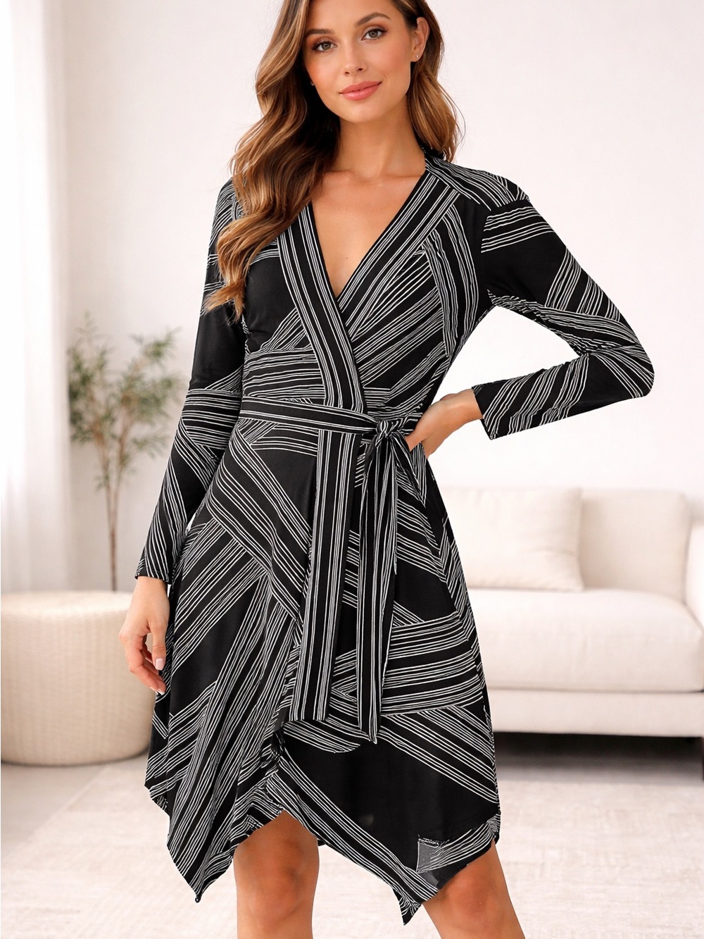 BCBGMaxAzria Black and White Striped Wrap Dress